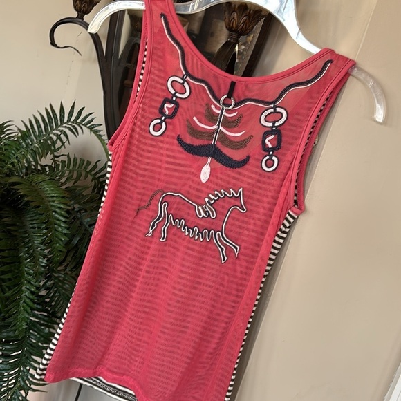 Save The Queen! V-Neck Tank Top Striped Embroidered Horse Beaded Mesh Back Italy - Picture 8 of 14